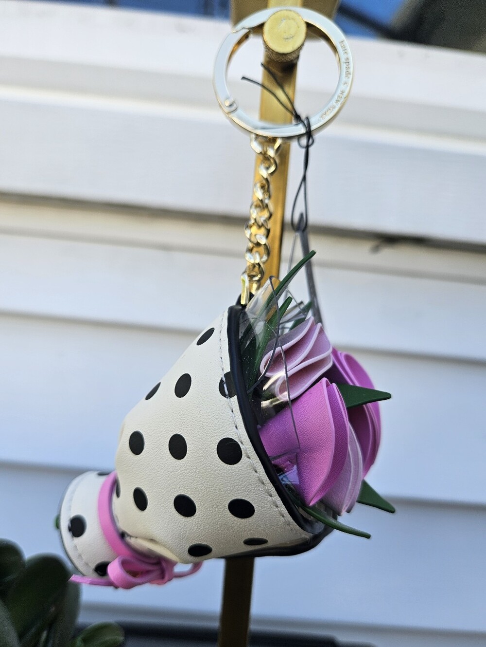 Kate Spade Flora Flower Bouquet Bag Charm Keychain Polka Dot Pink. Nwt